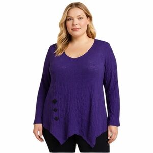 YUSHI Womens Purple Crinkle Lagenlook Button Sleeve Tunic Shirt Top 2X Teacher